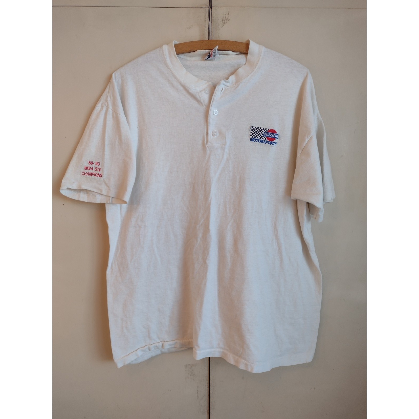 Vtg Nissan Motorsports Shirt L Embroidered Henley Single Stitch 80s 90s Imsa Gtp